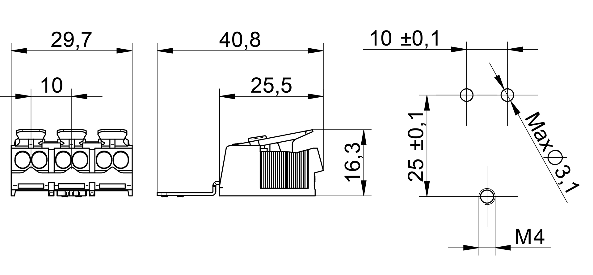 Venta/distribuidor/mayorista Conectores sin tornillos para el cableado interior de equipos de iluminacin y elctricos. Conexin rpida para equipos 3103 TT